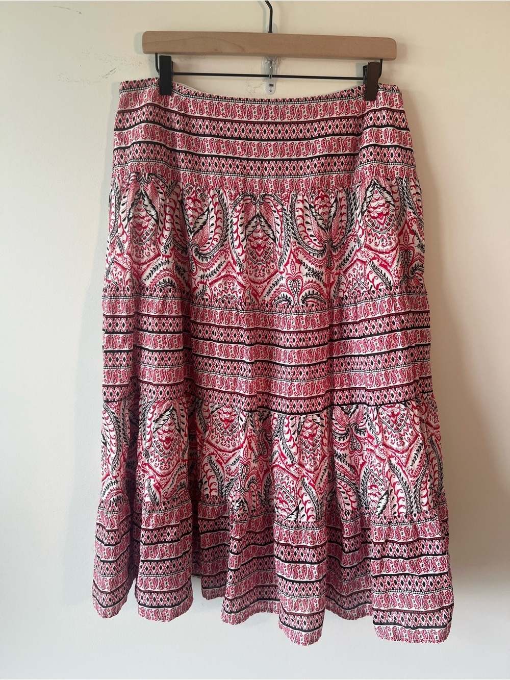 Chaps Denim Printed Red Paisley Tiered Midi Skirt Boho 100% Cotton